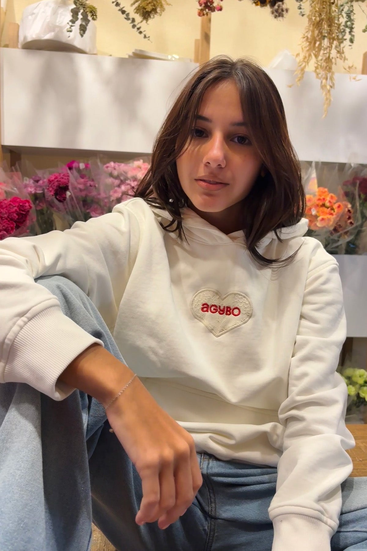 LACE LOGO HOODIE IVORY
