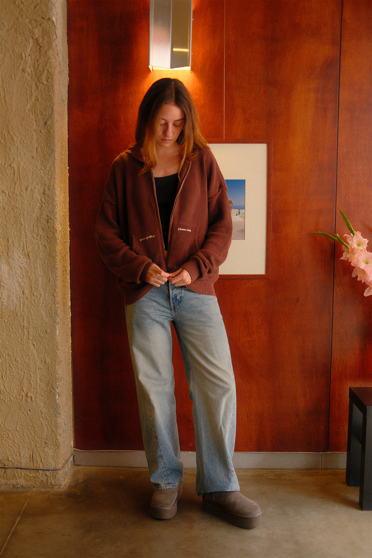 KNIT ZIP - UP HOODIE BROWN
